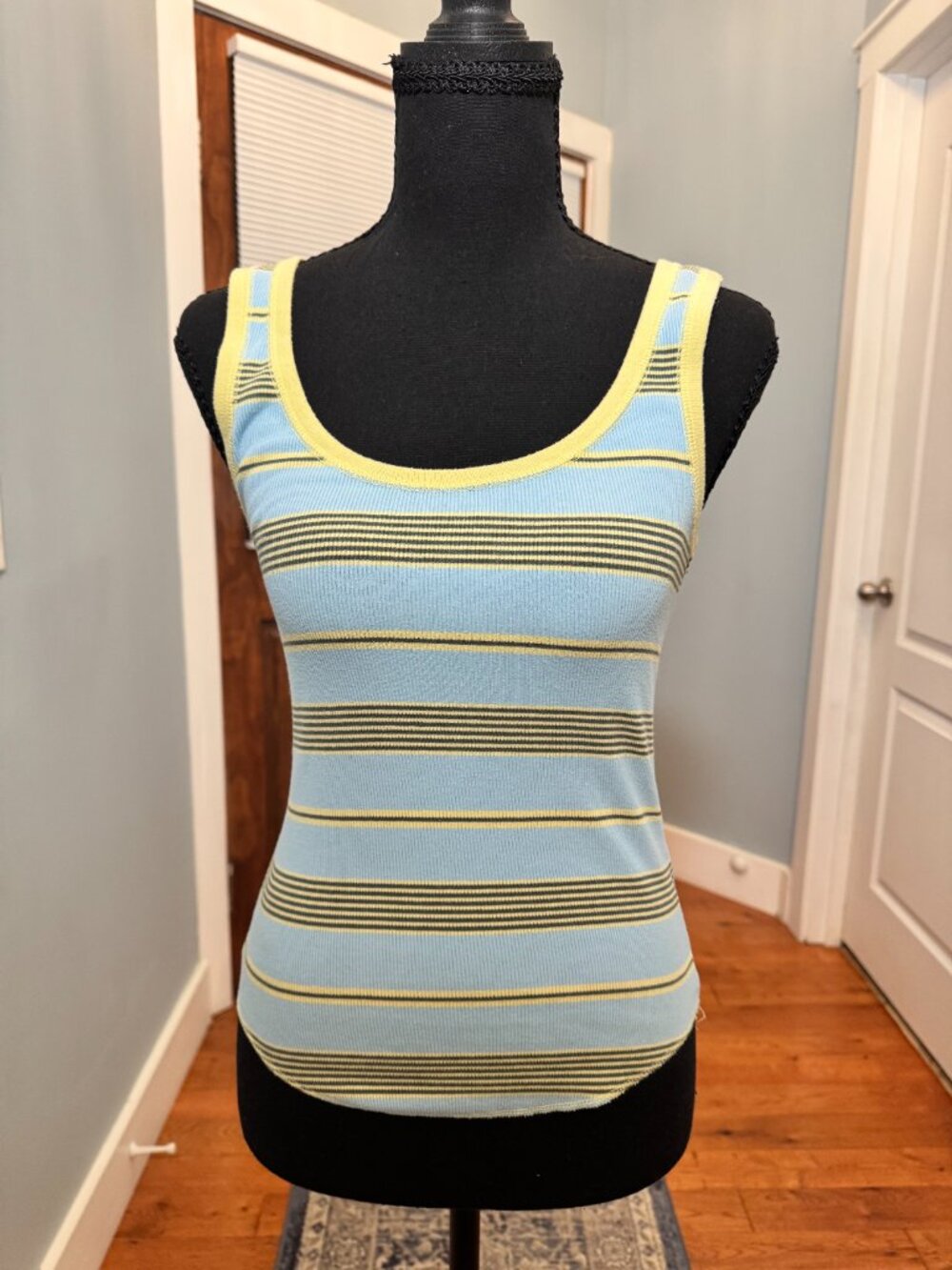 Aerie Blue Yellow Striped Ribbed Tank Top S/P Y2K Fitted Stretch - Picture 2 of 8